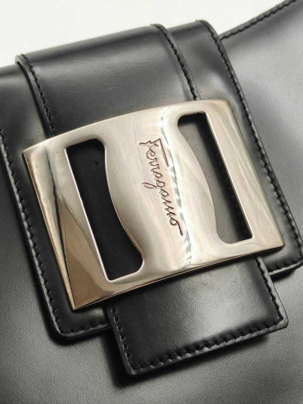 Vintage Salvatore Ferragamo Black Leather Shoulder Bag Gancini Hardware